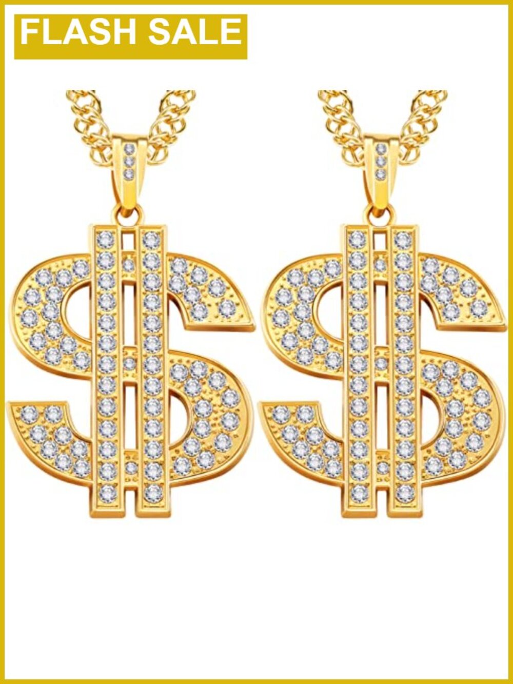 Gold Plated Dollar Sign Necklace Set of 2 Hip Hop Chain 27.5" 7mm